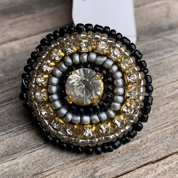Black Beaded Rhinestone Stretch Ring - Picture 1 of 5